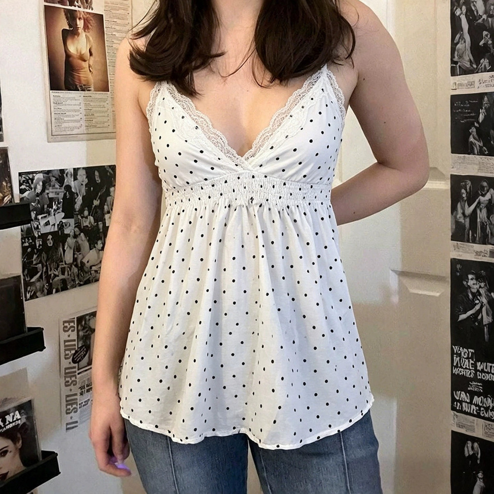 Zara Lace Trim Polka Dot Strappy Cami Summer Girly Casual Swing Top